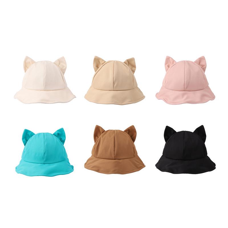 Cute cat ears bucket hat female spring and summer versatile cute girl ins sunshade sunscreen solid color dome basin hat tide