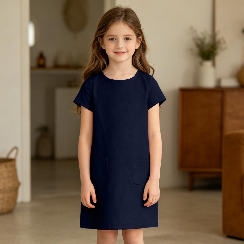 Girls Casual Dress Summer Linen Cotton Blend Short Sleeve Pockets Straight Cut Comfortable Lightweight Dress for Everyday Wear