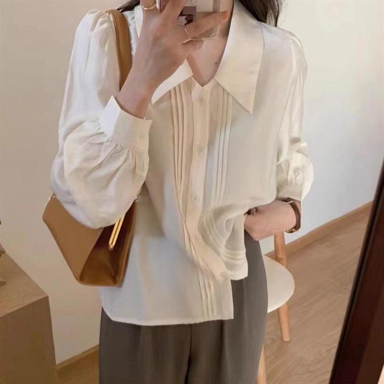 French lapel drape white shirt women's design sense niche loose top temperament retro bubble sleeve shirt thin