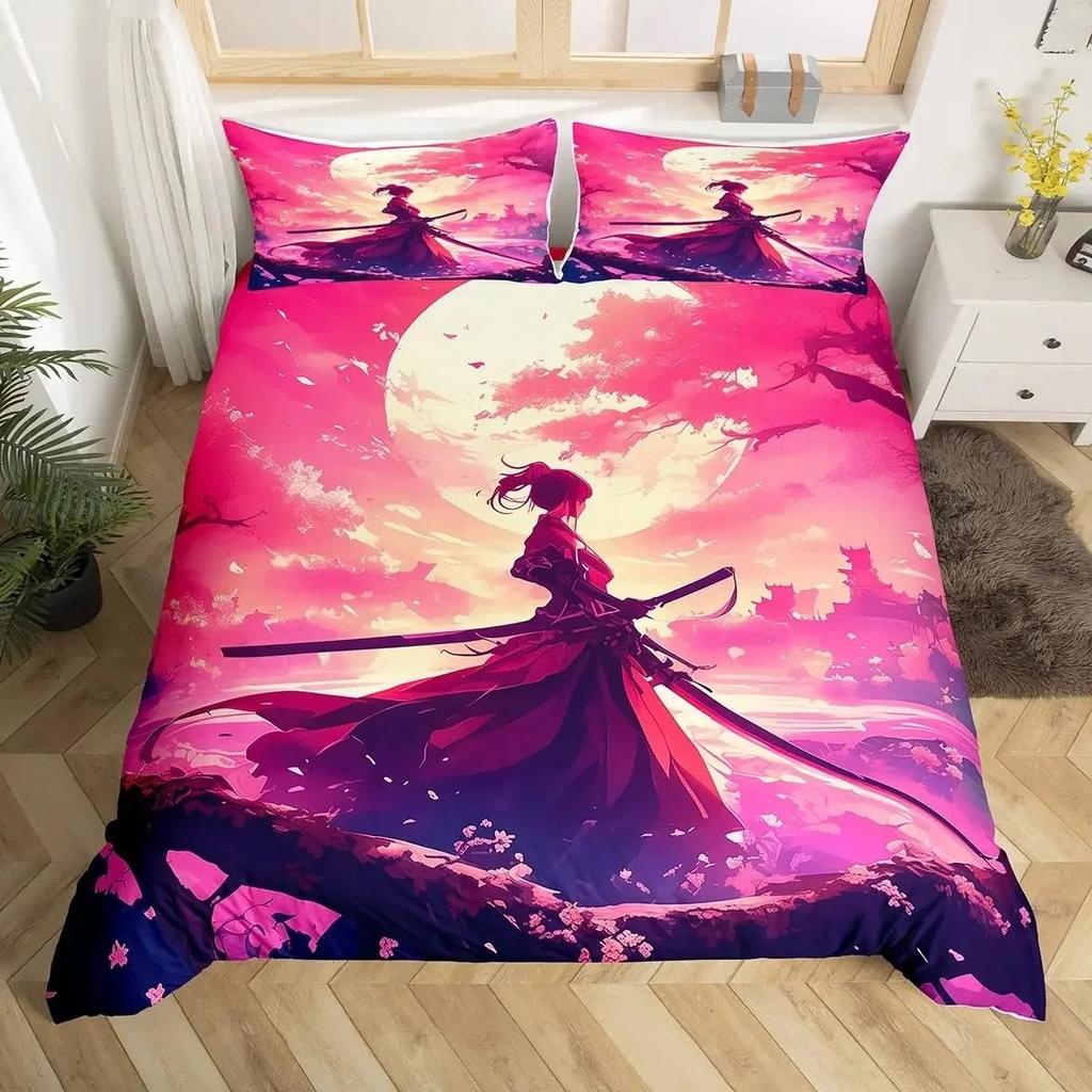 Japanese Samurai Bedding Set Full Size Cherry Blossoms Comforter Cover Red Sun Hokusai Duvet Cover Fuji Mountain Quilt Cover