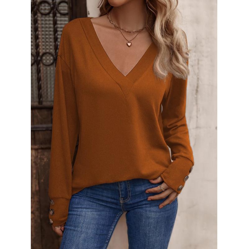 Women's V-Neck Button Down Shirt 2025 Fall Winter Long Sleeve Loose Fit Casual Top Blouse