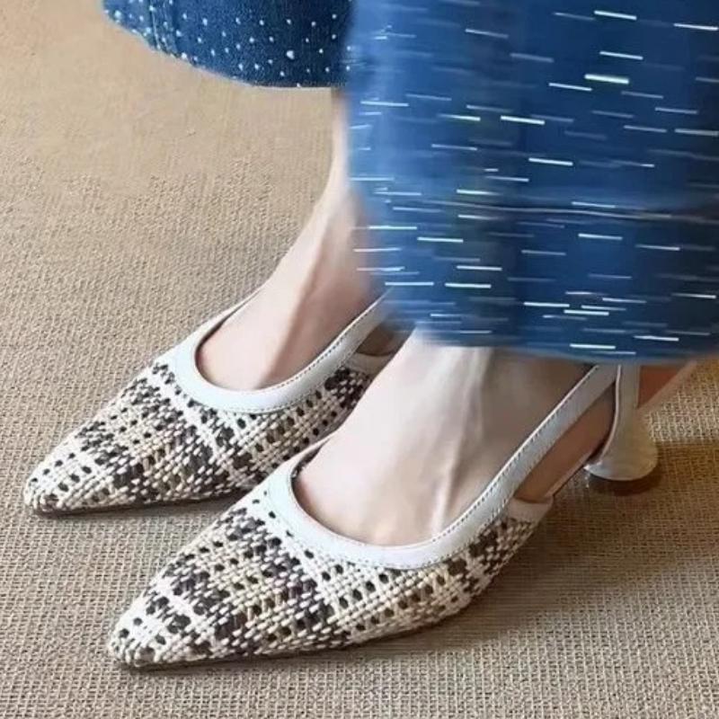 Fashion French Woven Hollow Out Pointed Toe Sandals Women's Summer New Style Retro High Heels PU Lined Rubber Bottomed Footwear