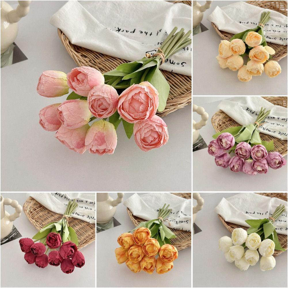 9pcs/bunch Silk Artificial Tulip 39cm Fake Flower Realistic Faux Tulip Bouquet Home
