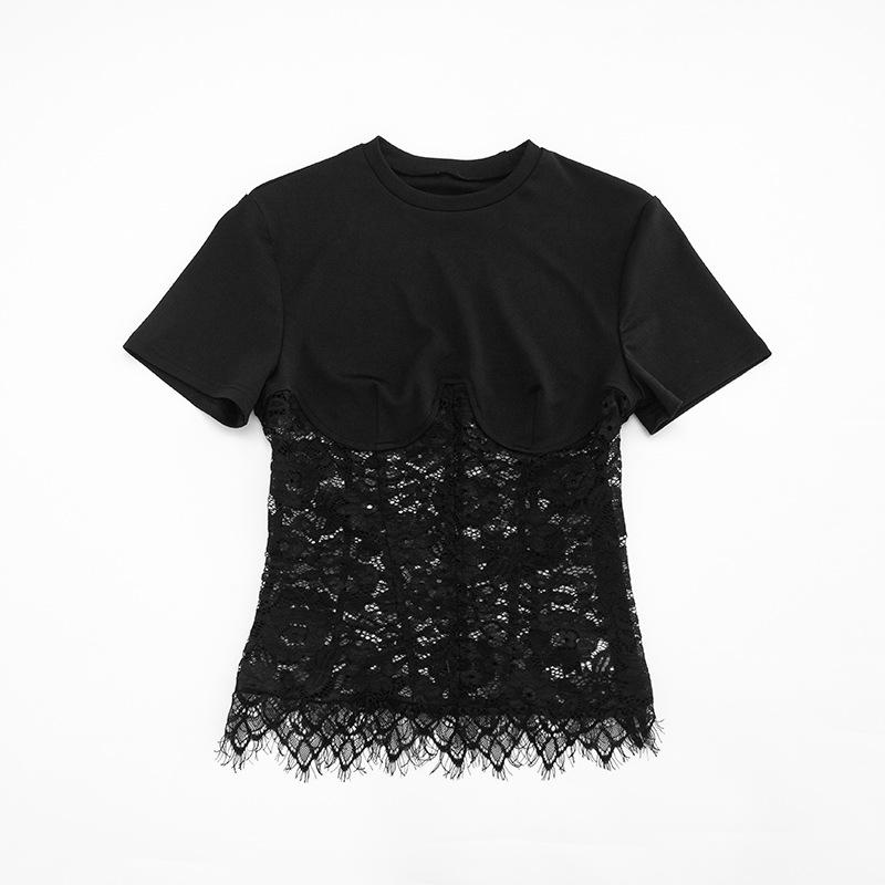 Black Lace Fish-bone Shirts For Women 2026 Spring Summer Chic Short Sleeve O-neck Blouse Lady Street Y2K Tops