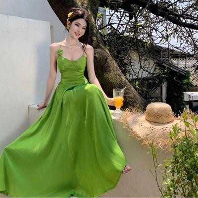 Vestido de Falda Larga para Vacaciones con Tirantes Cruzados Ajustables y Cuello Halter