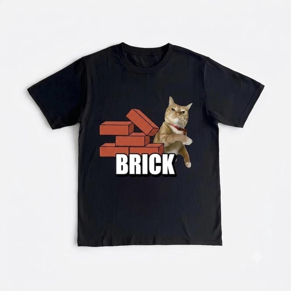 Brick Cat Meme Funny Orange Tabby Throwing Brick Black TShirt S