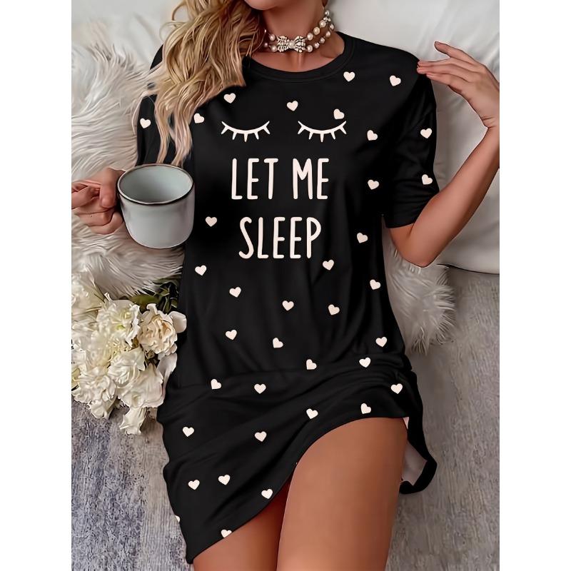 Women "Sleep" Slogan Eyelash Nightgown - Comfortable Short Sleeve Round Neck T-Shirt Dress