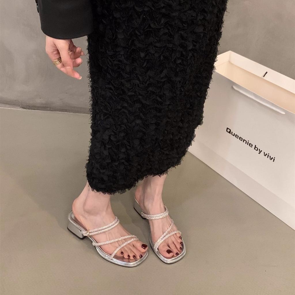 Temperament thick heel French small cool slippers fairy shoes 2025 new summer fashion outer wear rhinestone thin strap sandals