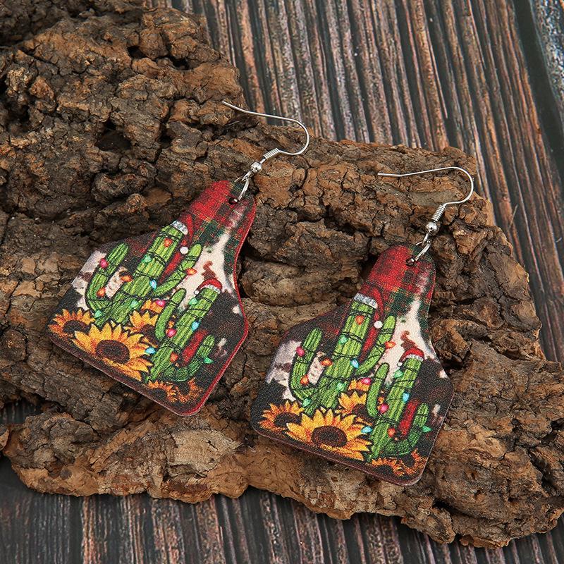 Retro Christmas & Sunflower Cactus Leather Wine Bottle Earrings