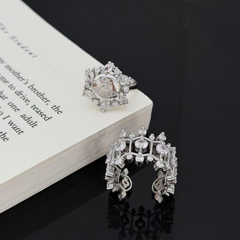 Planet Saturn Full Of Diamonds, Zircon, Gypsy Open Ring, Women'S Light Luxury Niche High-End Temperament French Index Finger Ring