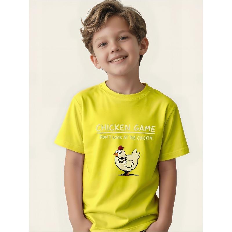 European Size Boys Round Neck Short Sleeved T Shirt with Chicken Pattern