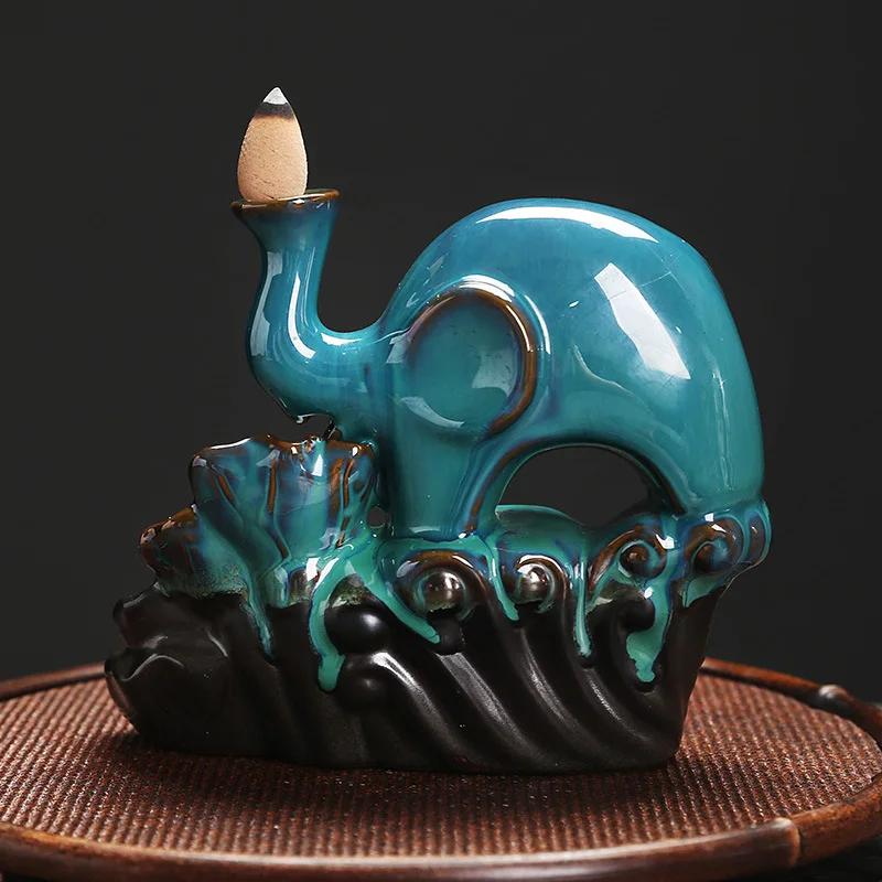 1pc Ceramic Handicrafts Lotus Elephant Backflow Incense Burner Incense Censer Home Ornament Tea Pet (Without Incense)