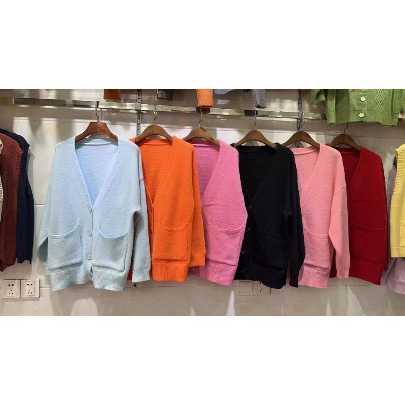 Lazy wind jacket women's autumn new v-neck solid color knitted cardigan women's loose large size sweater women's outer wear