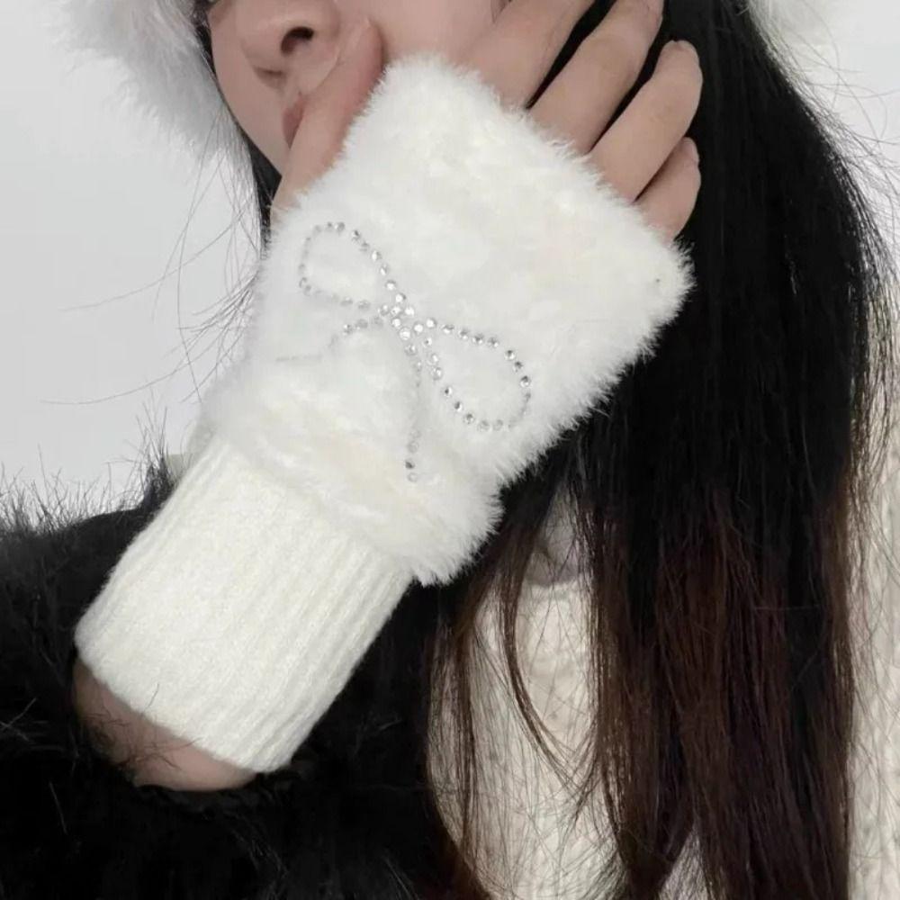 Plush Knitted Gloves Solid Color Half Finger Mittens Cute Bow Gloves  Girl