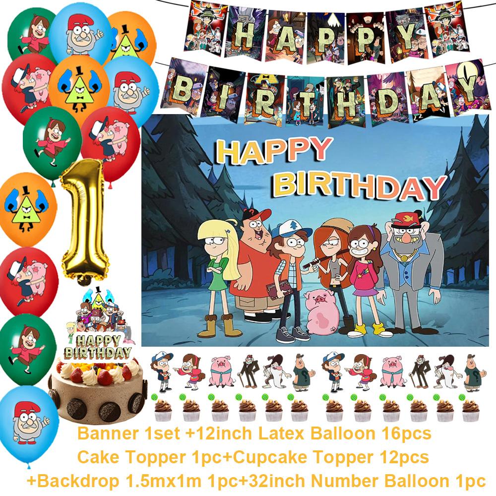 G&Gravity F-Falls Theme Birthday Party Decoration Cartoon Backdrop Banner Cake Topper Number Balloon Baby Shower Party Supplies