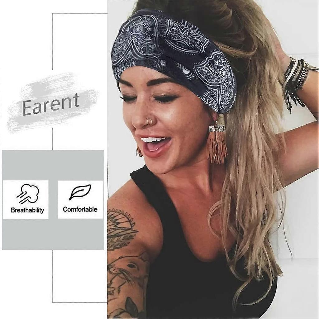 Earent Boho African Headbands Yoga Wide Knot Hair Bands Sweat Printed Headwraps Elastic Turban Headscarfs Multicolor Headwear Outdoor Hair Accessories