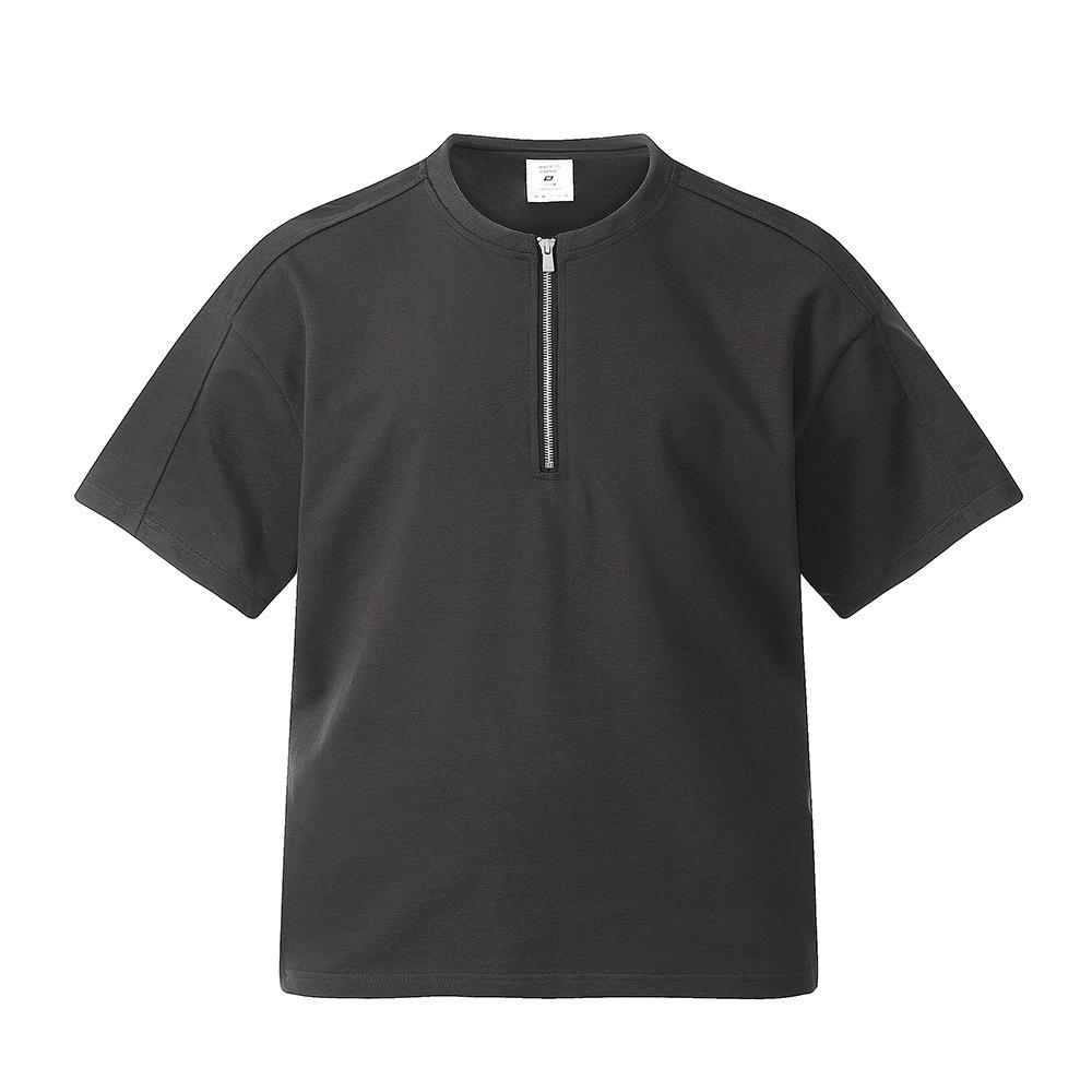 Half Zip Cardigan Round Neck Short Sleeved T-shirt Trendy Men's Summer Solid Color Loose and Versatile Casual Quarter Sleeves