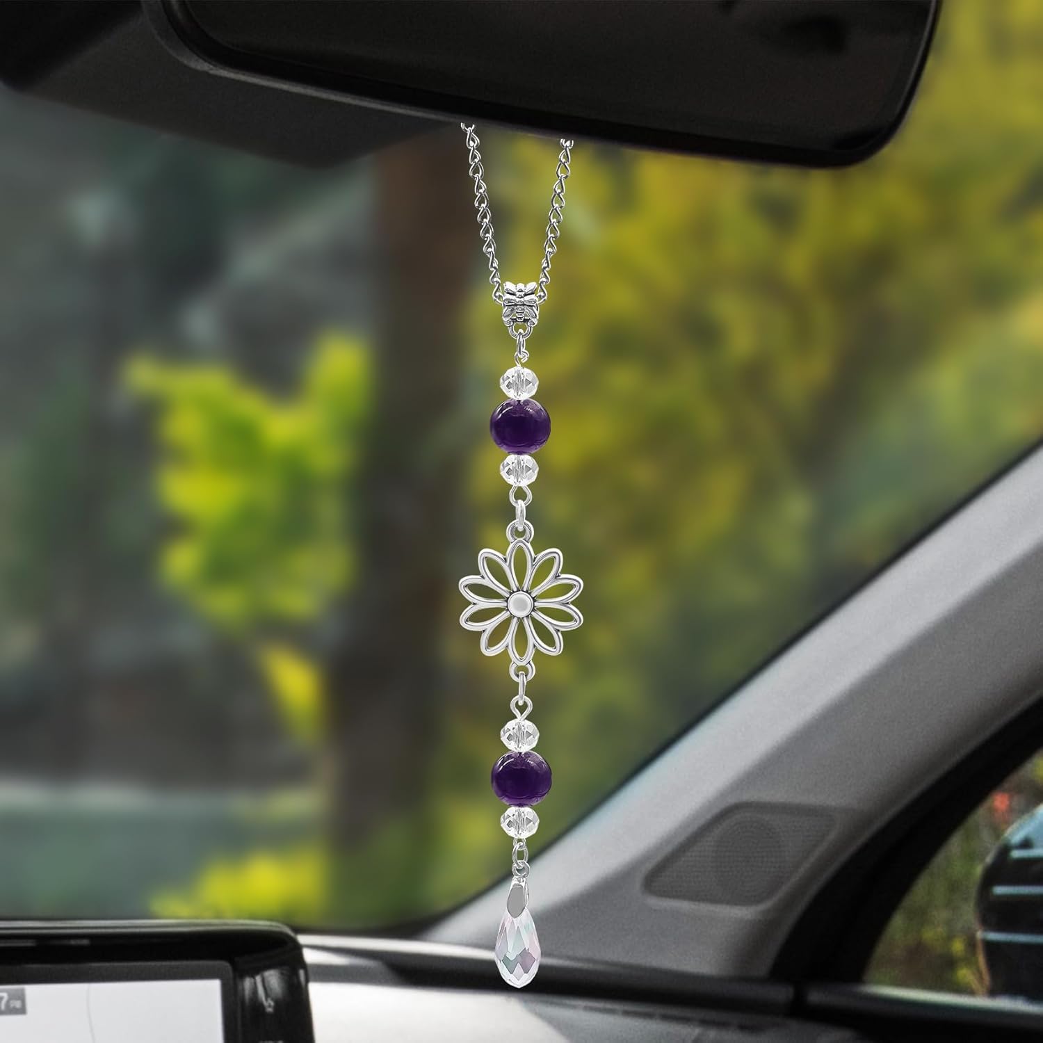 Flower Rear View Mirror Car Charms, Rear View Mirror Accessories, Crystal Boho Auto Hanging Decor, Sun Catcher Cute Car Interior Decorations