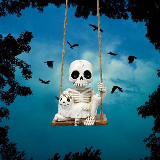Skeleton And Ghost Cat Figurine Halloween Swing Skeleton Ornament Gothic Hanging Decoration for Car Rearview Mirror Home Halloween Party Decor