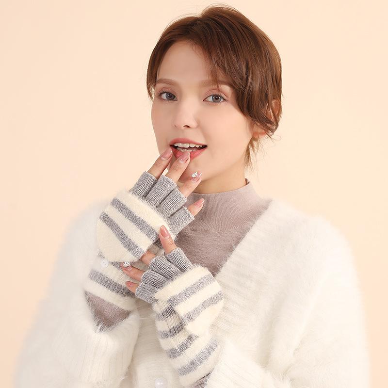Autumn and Winter Couple Gloves Men and Women Thick Imitation Cashmere Gloves Women Striped Half Finger Gloves Touch Screen Two Fingers Office Writing