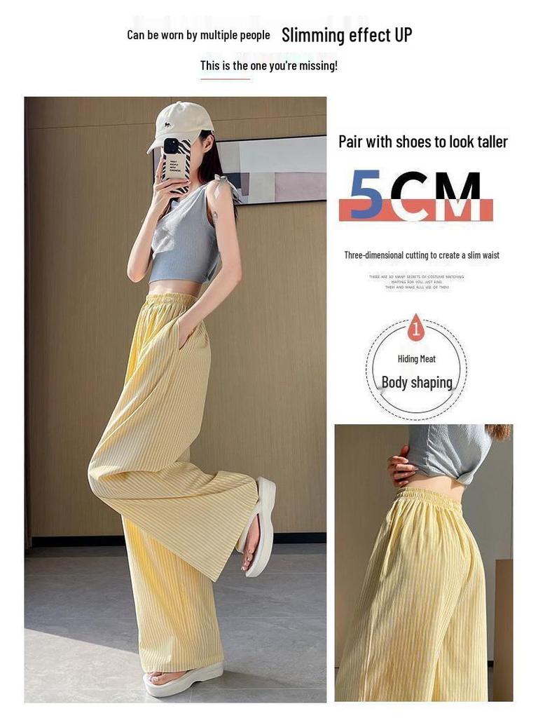 Cross-Border Vertical Stripe High-Waisted Wide-Leg Pants - Summer Straight Loose Casual Floor-Length Design.