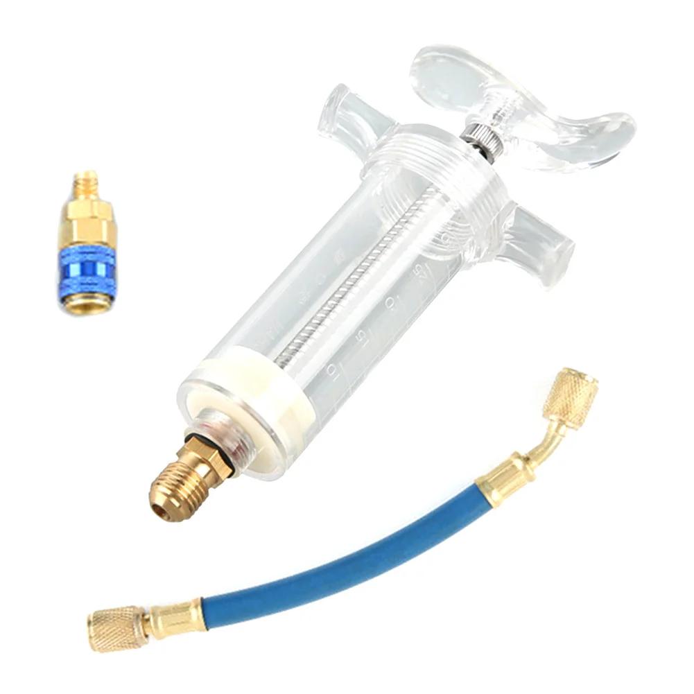 Car A/C Oil/Dye Injector 30Ml 1Oz with Low Side Quick Coupler Adapter 1/4 Air Conditioning Automotive Oiler Injection Syringe