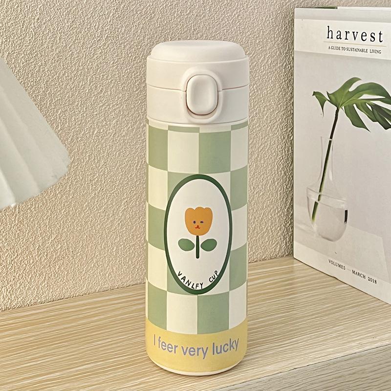 Stainless Steel Insulated Cup Cute Cartoon Flowers Korean Version Tulip Thermos Cup with Lid Portable Simple Water Drink Bottle
