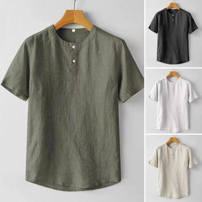 Men Summer Shirt Stand Collar Thin Loose Short Sleeves Solid Color Buttoned Mid Length Daily T-shirt for School Office Outdoor