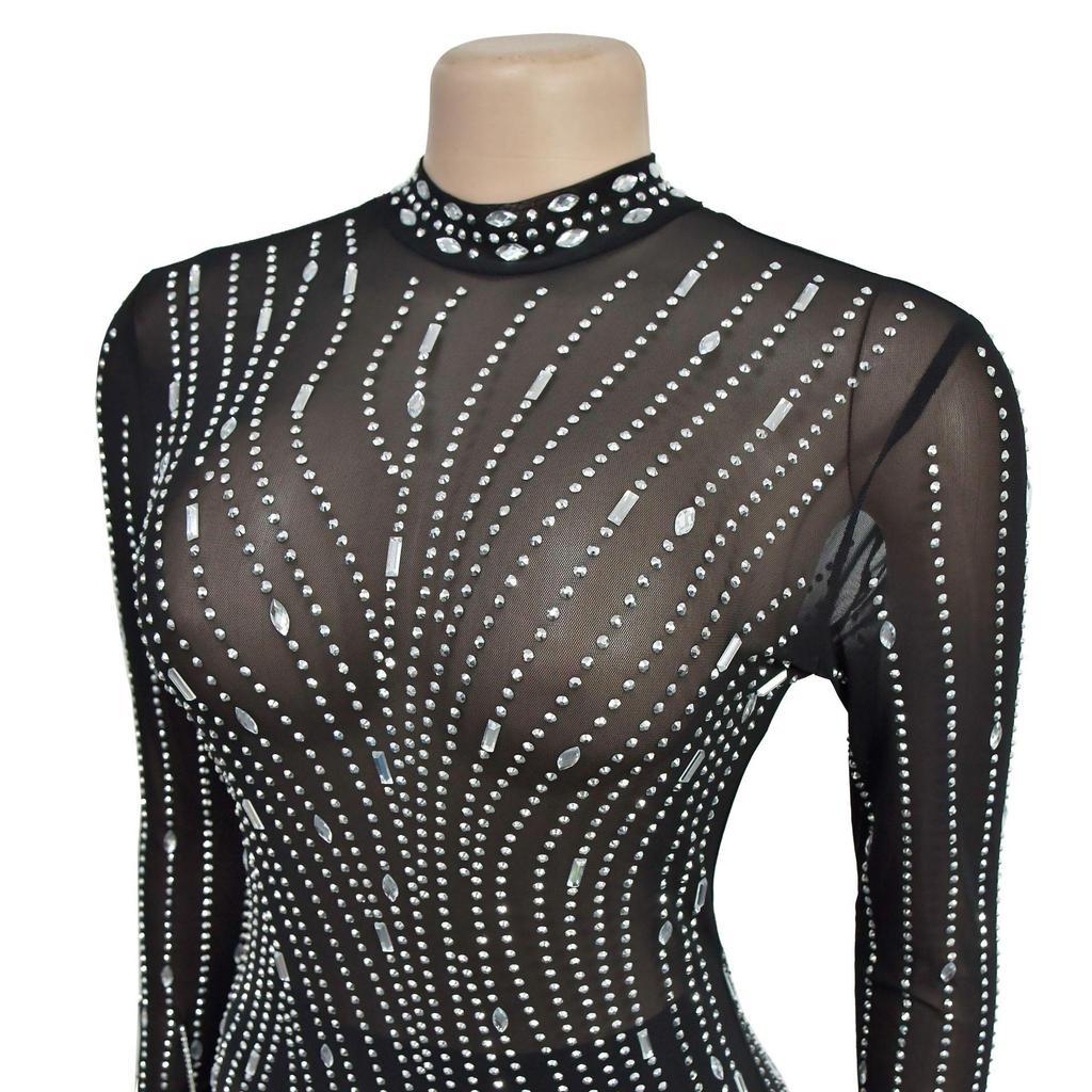 Europeisk & Amerikansk Mode Enfärgad Mesh Strass Långklänning