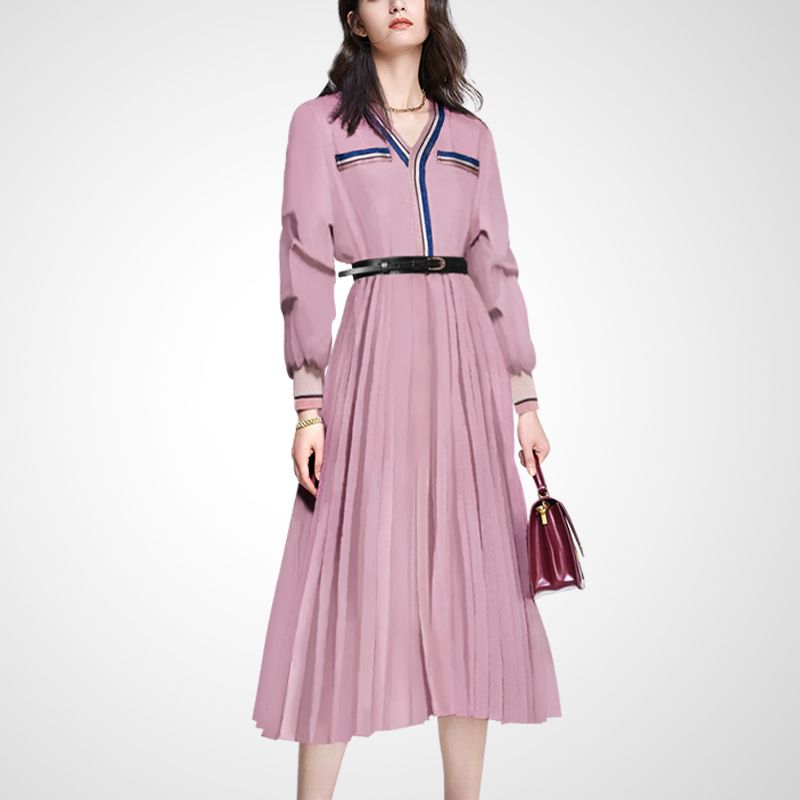 

Stylish Elegance High Waist V-neck Pink Dress Pink S