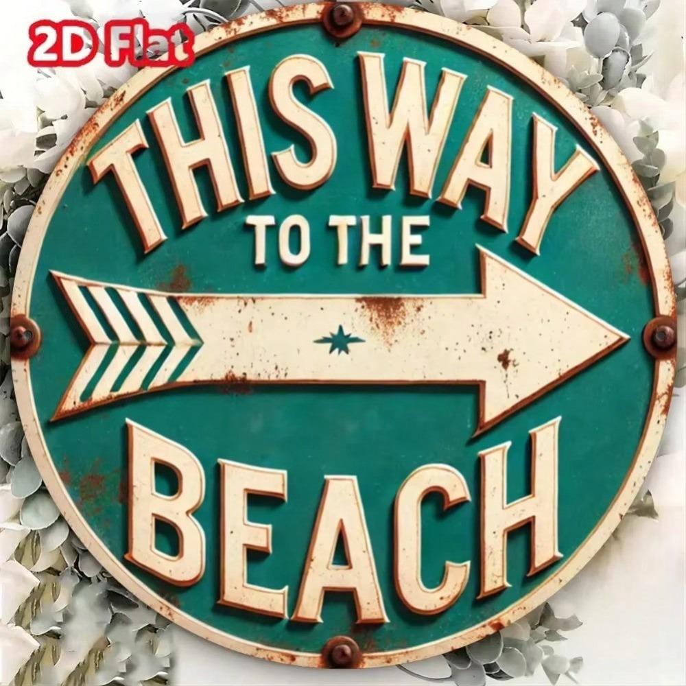 Vintage Beach Iron Sign Round Metal Wall Art Home Decor