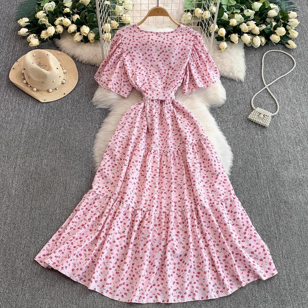 French Sexy Floral V-Neck Short Sleeve Lace-Up Waist Slim Pleated Long Dress