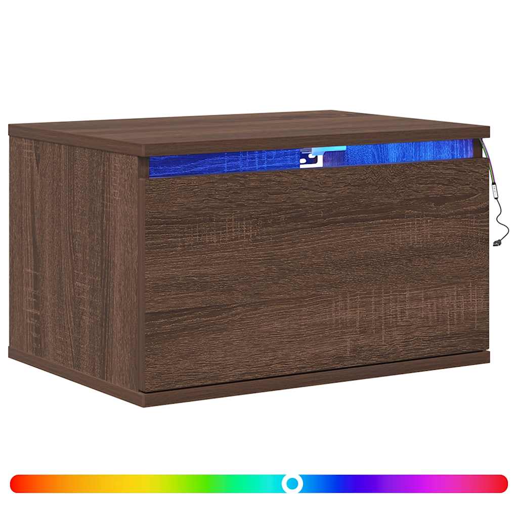 Wall Mounted Nightstand with LED Lights Brown Oak Effect