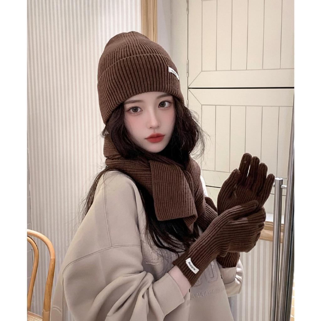 Dreiteiliges Set, Strickmütze, Wollmütze, Strickschal, Handschuhe, Plüsch, Warm, Neujahr, Weihnachtsset