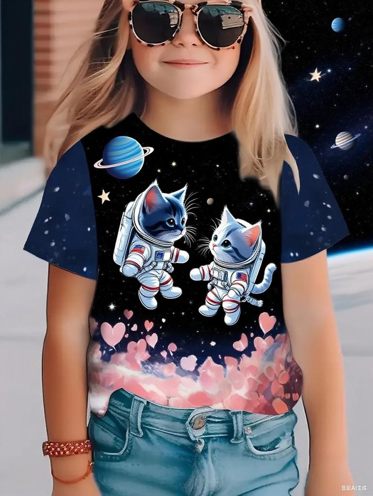 Funny Cat Girl T-Shirt Summer Cartoon Graphic Girl Short Sleeve Tee Casual Round Neck Top Animal Kids Clothing Girl Clothes