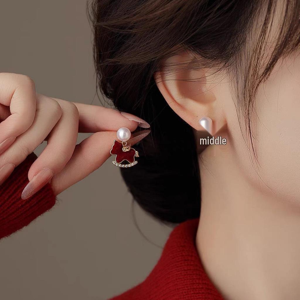 Zodiac Year Zircon Pearl Horse Earrings - Luxurious, Modern Studs for Women
