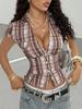 Women's Plaid Lapel Cropped Shirt, Slim-Waist Retro Streetwear for Summer