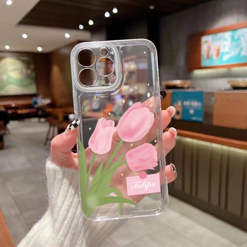 Summer New Transparent Mobile Phone Case Apple 17Pro Pink Tulip Ultra-thin TPU Soft Case iPhone16 Women's Model