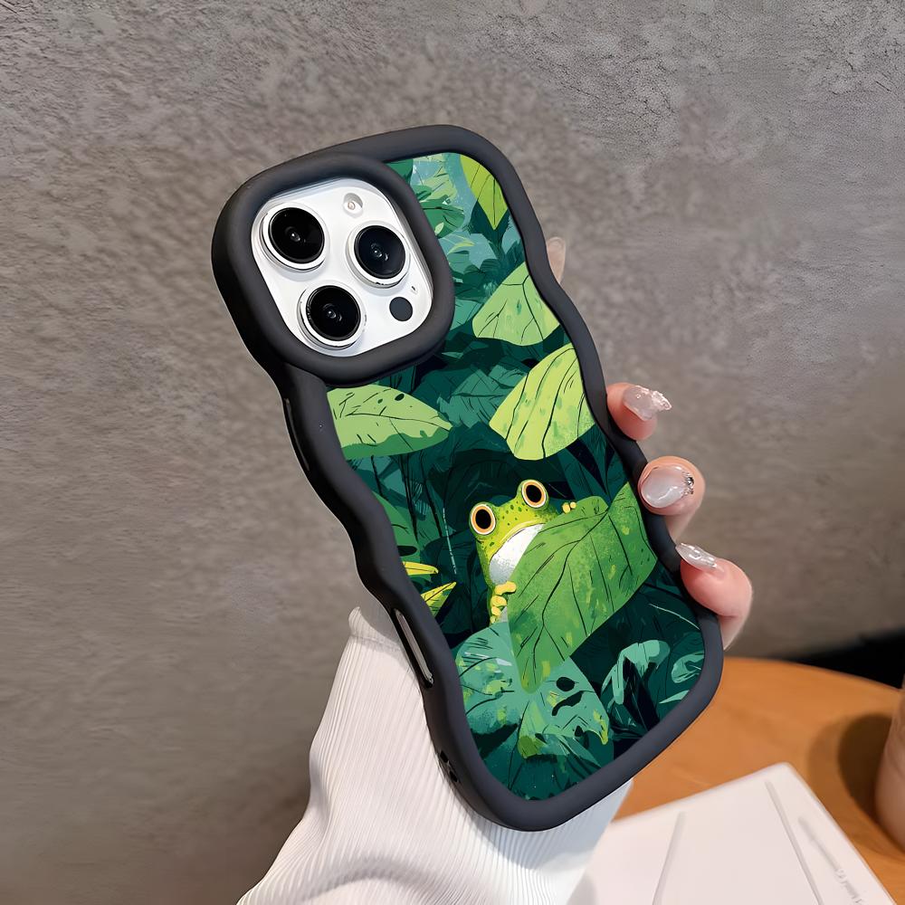 

Kawaii Frog Phone Case for iPhone 17 16 15 14 13 12 11 Air Pro Max Plus Black Soft TPU Wavy Edge Cover iPhone 13 Pro Max