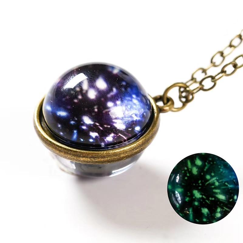 Earth Moon Planet Glass Ball Noctilucent Pendant Necklace Double-sided Luminescent Galaxy Nebula Cosmic Choker Jewelry for Women