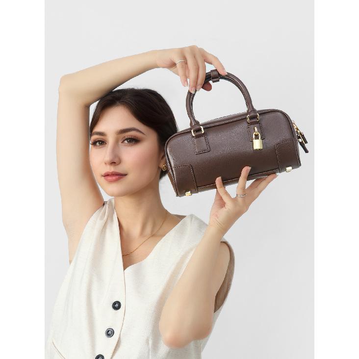 Niche Design Genuine Leather Vintage Underarm Bag New Bowling Bag Boston Underarm Bag Shoulder Bag Women's Bag
