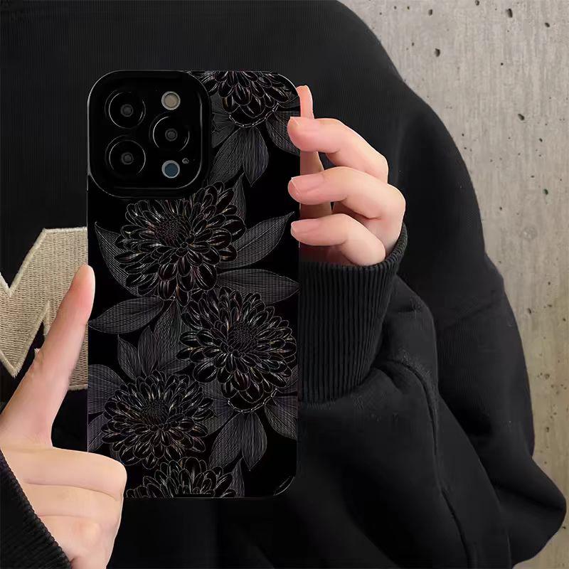 

Розкішний Чорний Силіконовий Шкіряний Чохол з Квітами Для iPhone 13 14 Plus 12 11 16 15 Pro Max Mini X XS XR 7 8 SE Ударостійкий Повний Захист For iPhone16 Pro Max