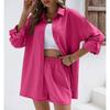 Fashionable Casual Suit Women's Clothing Spring Solid Color Lapel Long Sleeve Shirt High-Waisted Shorts Elastic Waist Skirt