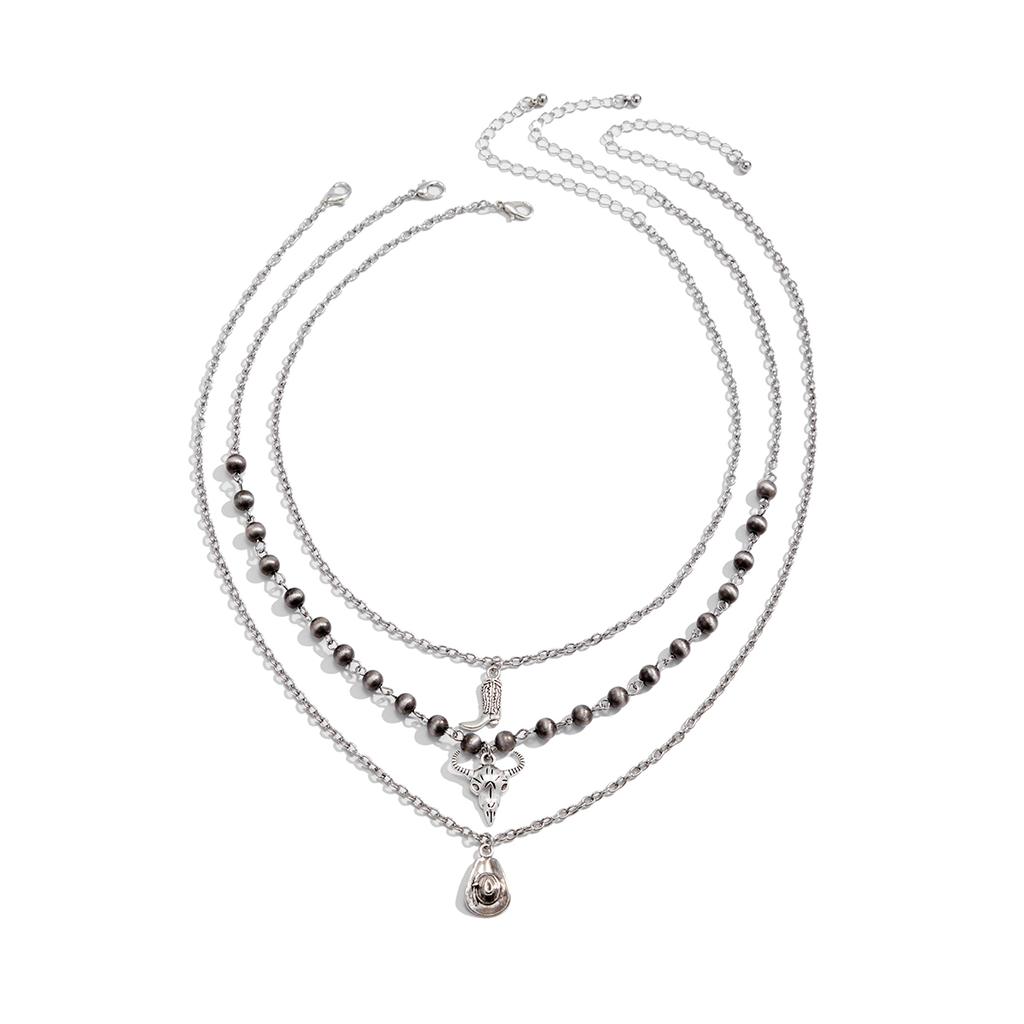 PuRui Ethnic copper Color 3Pcs/Set Thin Chain Necklace for Women Boot Horn Pendant Adjustable Round Beads Choker Zircon Gift