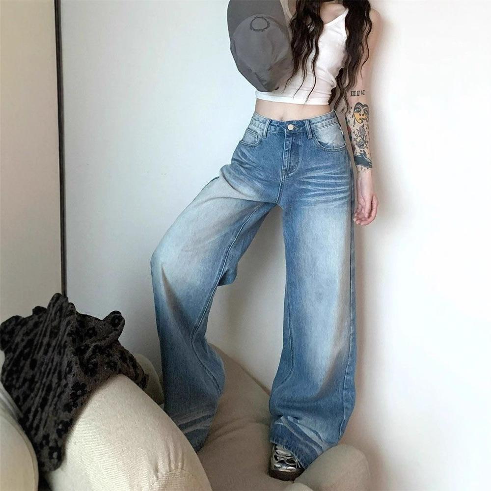 Comfortable Crease Design Sense Washed Jeans Female Do Old Wide Leg Trousers Loose High Waist Trailing Trousers Jeans for Women Long Denim Pants