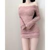 [] Spice Girl Tight Dress Female Sexy Lace Long Sleeve One-word Collar Atmosphere Seaside Dress
