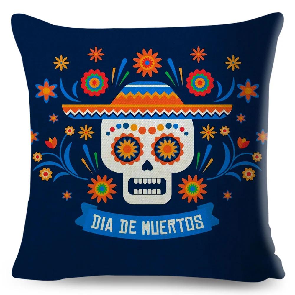 Day Of The Dead Pillowcase Decor Cartoon Mexico Flower Skull Print Cushion Cover for Sofa Home Polyester Pillow Case 45x45cm