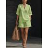 Women Solid V-Neck Top & Shorts Two Piece Matching Set, Casual Outfit for Spring Summer