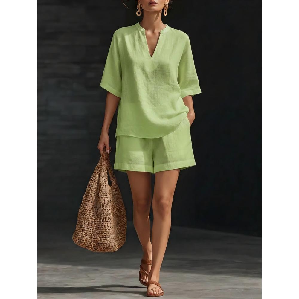 Women Solid V-Neck Top & Shorts Two Piece Matching Set, Casual Outfit for Spring Summer