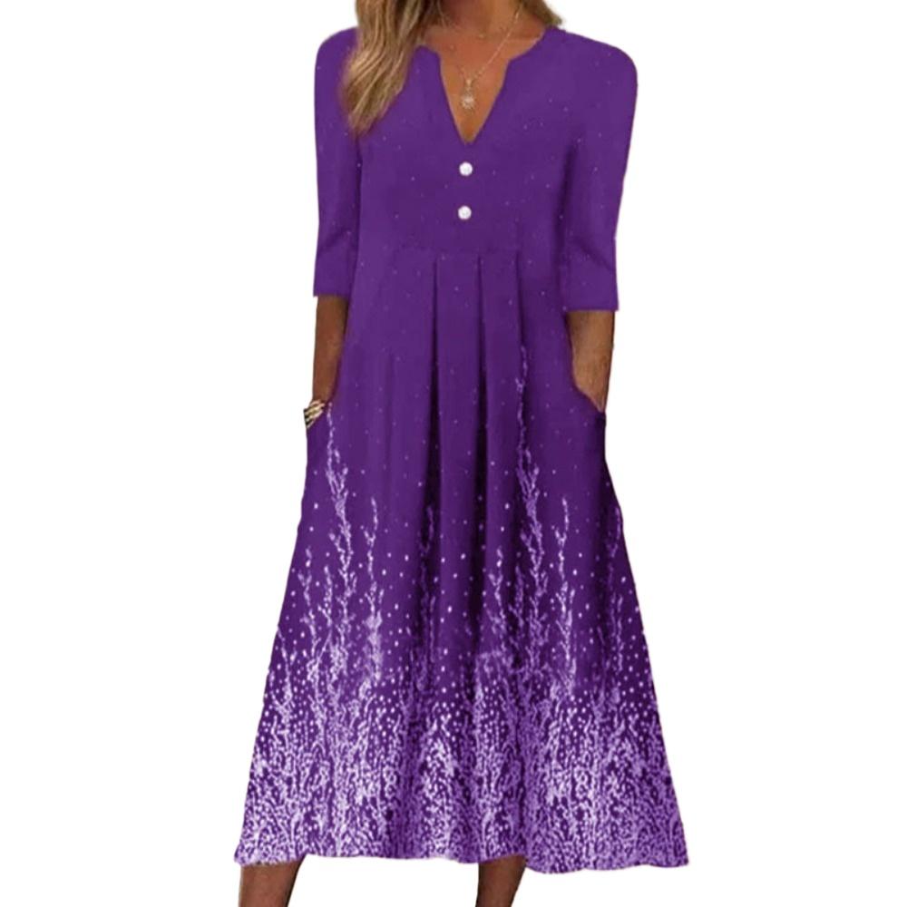 HNXC Damenmode Sommer Frühling Blumendruck 1/2 Ärmel V-Ausschnitt Freizeitkleider